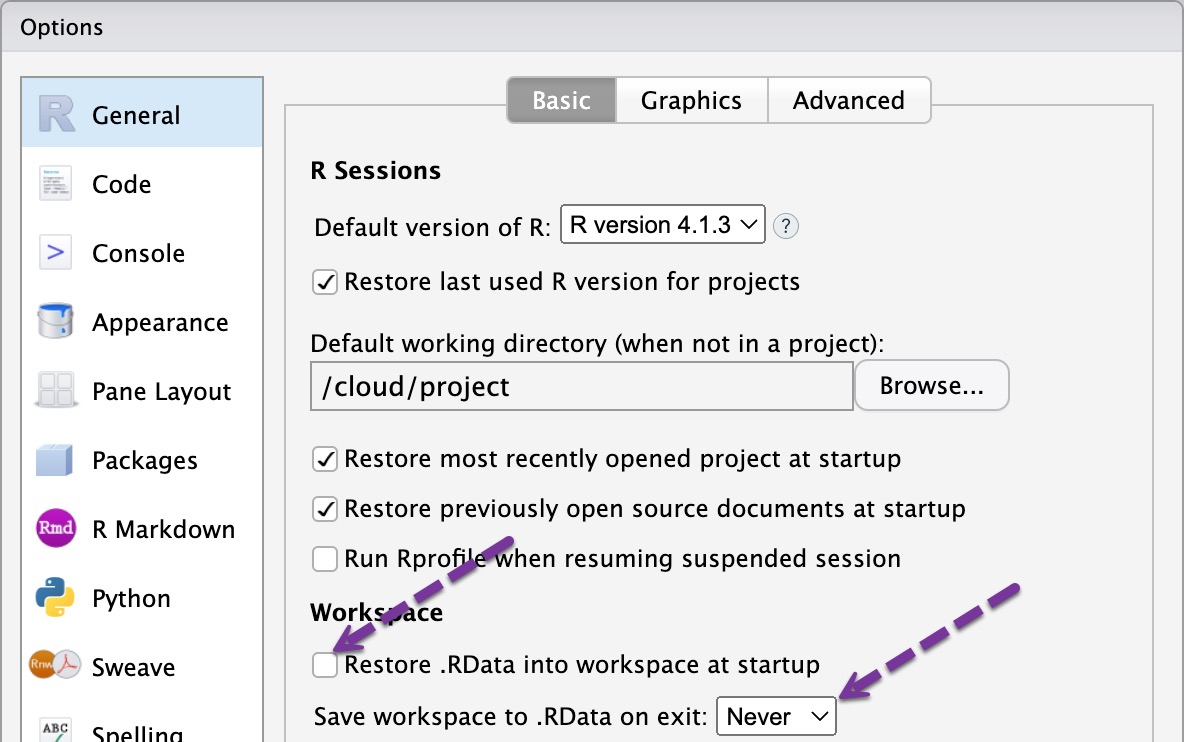 Arrows unchecked Restore checkbox and Save workspace set to Never