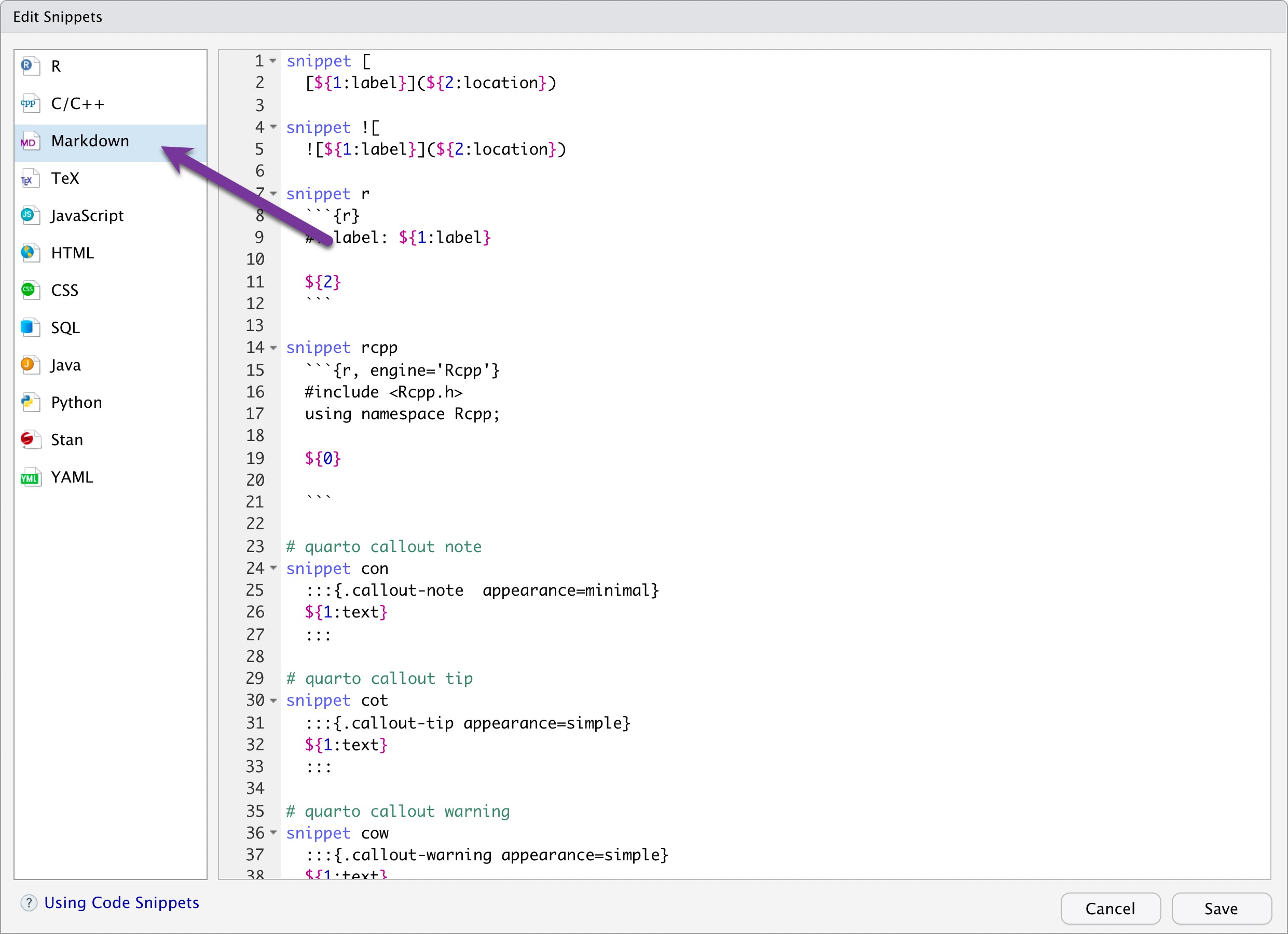 Screenshot showing the Edit Snippet Window with an arrow pointing to the Markdown windowpane.