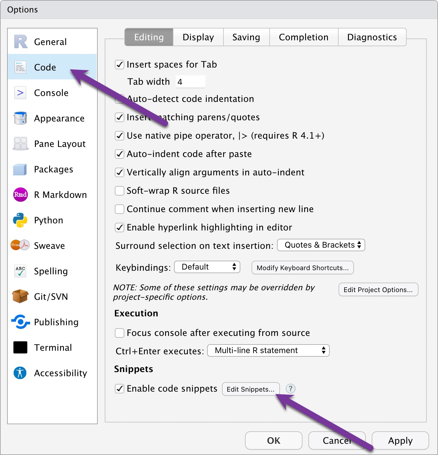 Screenshot showing the Code windowpane from Global Options window. Arrows point to the Code windowpane in the upper left of the picture and the Edit Snippets button near the bottom.