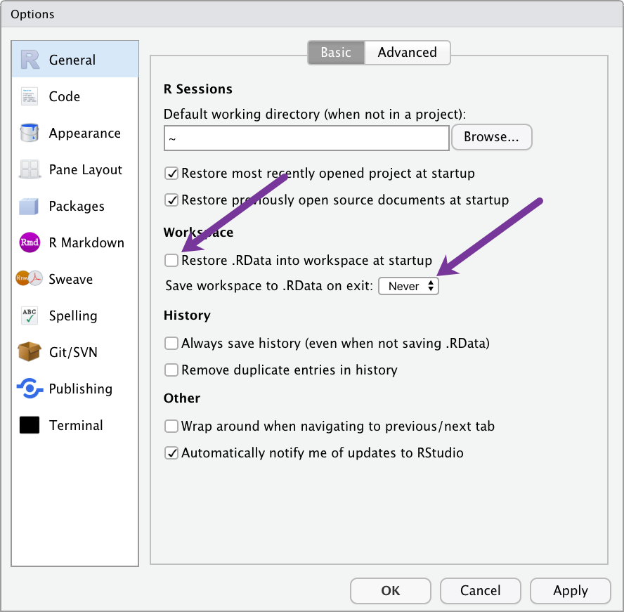 Image of Workspace options in the General windowpane