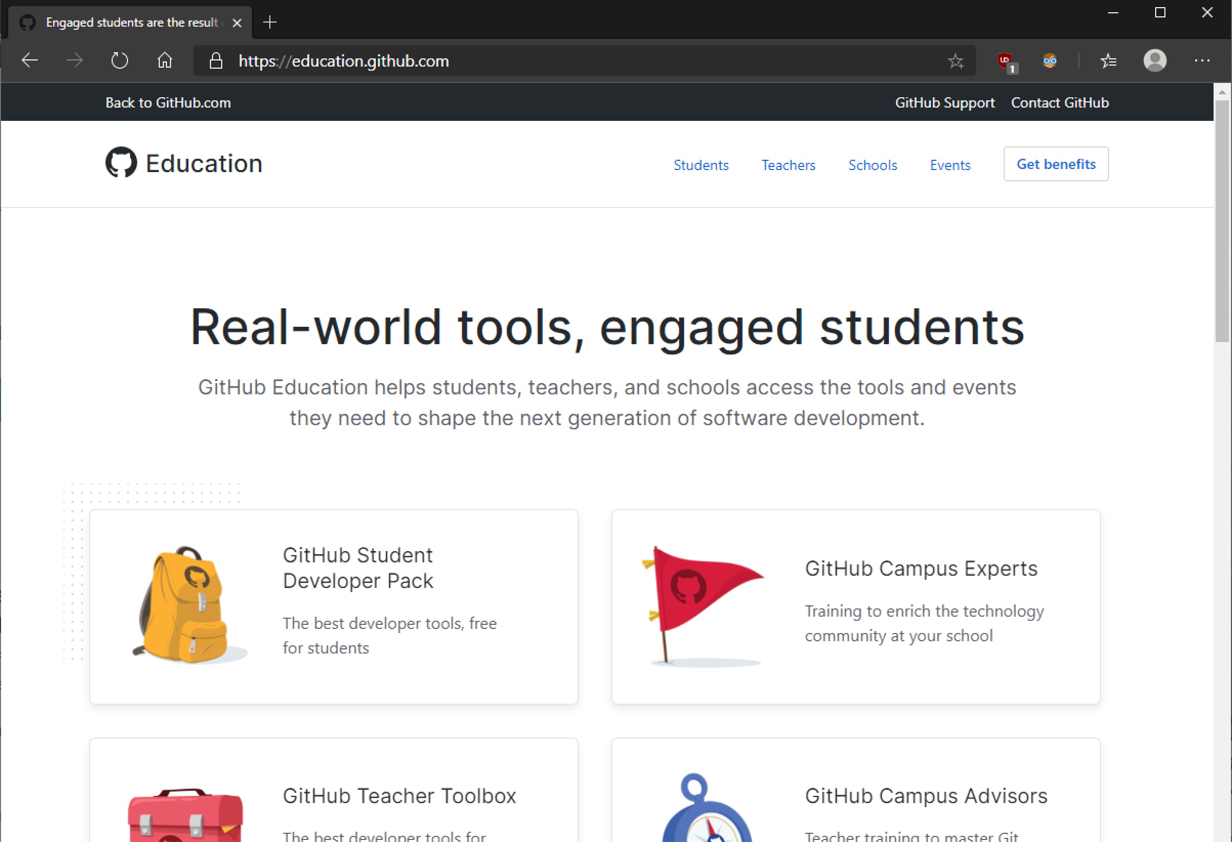 Go to the GitHub Education website and click Get benefits